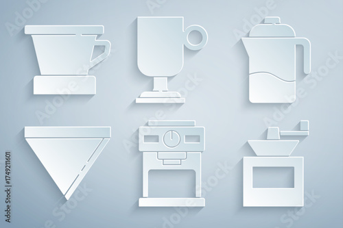 Set Coffee machine, French press, paper filter, Manual coffee grinder, Irish and V60 maker icon. Vector