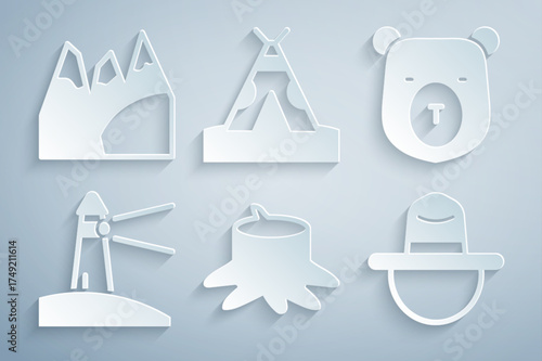 Set Tree stump, Bear head, Lighthouse, Canadian ranger hat, Indian teepee or wigwam and Mountains icon. Vector