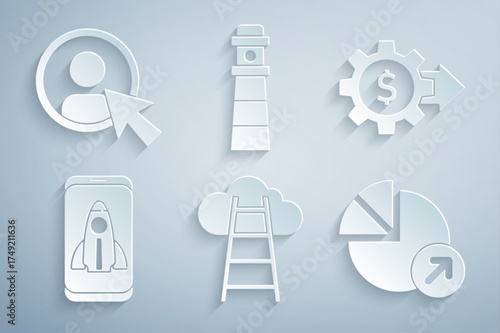 Set Stair with finish flag, Gear dollar, Startup project concept, Financial growth, Lighthouse and Create account screen icon. Vector