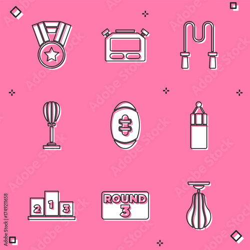 Set Medal, Stopwatch, Jump rope, Punching bag, American Football ball, Award over sports winner podium and Boxing ring board icon. Vector