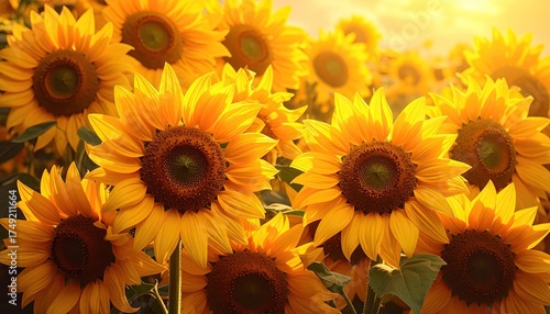 Lush Sunflower Field Bathed in Golden Sunlight at Sunrise Yellow Blooms and Green Leaves in a Natural Outdoor Setting Warm Tones Close Up