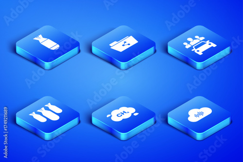 Set Music streaming service, Aviation bomb, Methane emissions reduction, bombs, Share folder and Car sharing icon. Vector