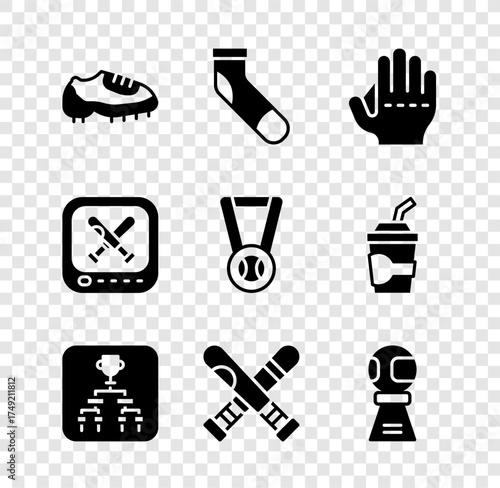 Set Baseball boot, sock, glove, Championship tournament bracket, Crossed baseball bat, Award cup with, Monitor game and Medal icon. Vector