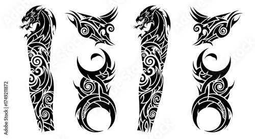 Mystical dragon tattoo design ready for your unique body art project featuring tribal style and fantasy elements, perfect for a custom sleeve design