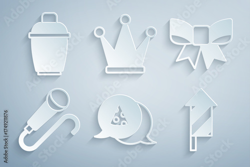 Set Slice of pizza, Gift bow, Microphone, Firework rocket, Crown and Cocktail shaker icon. Vector