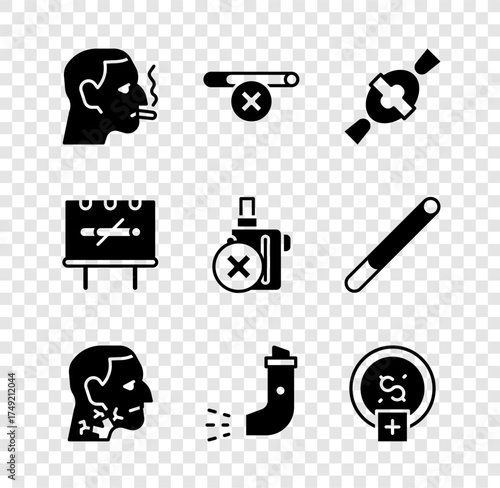 Set Man smoking a cigarette, No, Candy, Throat cancer, Inhaler, Stop smoking, money saving, and electronic icon. Vector