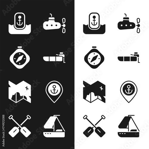 Set Inflatable boat with motor, Compass, Location anchor, Submarine, Pirate treasure map, Yacht sailboat and Paddle icon. Vector