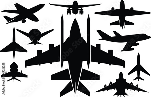 Collection of Airplane Silhouettes in Black and White Featuring Various Types of Aircraft and Jet Designs Ready to Fly