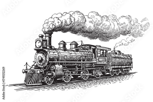 Steam Locomotive Vintage Train on Tracks with Heavy Smoke and Steam Billowing Out engraving vector illustration