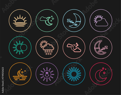 Set line Moon and stars, icon, Cloud with rain sun, Eclipse of the, Sunset, moon and icon. Vector