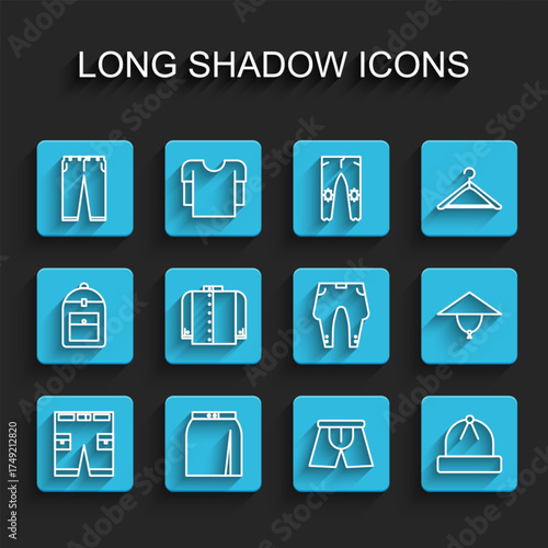 Set line Short or pants, Skirt, Pants, Men underpants, Winter hat, T-shirt, Asian conical and icon. Vector