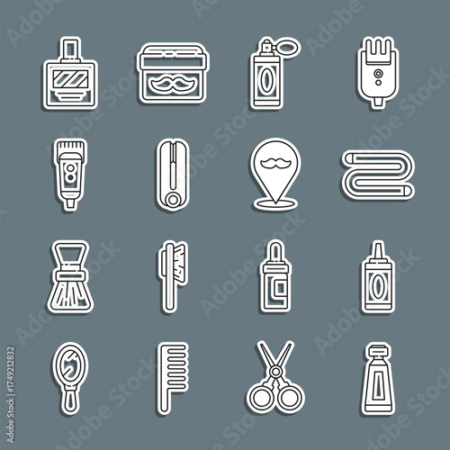 Set line Cream or lotion cosmetic tube, Bottle of shampoo, Towel, Aftershave bottle with atomizer, Curling iron for hair, Electrical clipper shaver, and Barbershop icon. Vector