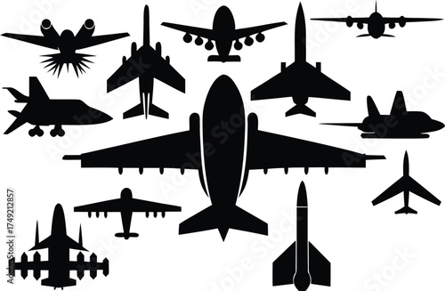 Collection of Silhouette Airplane Designs Aircraft Vector Illustration for Aviation Enthusiasts and Designers