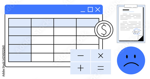 Spreadsheet window, calculator, financial document, and sad face emoticon. Ideal for financial planning, expense tracking, budgeting, debt management, tax calculation money management and financial