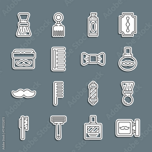 Set line Barbershop, Shaving brush, Beard and mustaches care oil bottle, gel foam, Hairbrush, Cream or lotion cosmetic jar, and Bow tie icon. Vector