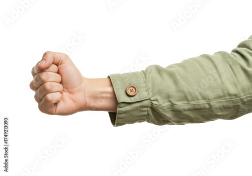 Фотография Isolated arm gesture, fist clenched in light green, linen shirt sleeve with butt