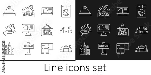 Set line Warehouse, Online real estate, Realtor, Hotel service bell, Hanging sign with For Sale and text Sold icon. Vector