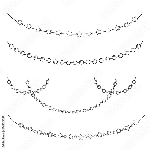 Garland of balls and stars, black and white sketch. Vector illustration. A festive garland, a set of silhouettes, isolated on a white background. Birthday, Christmas, New Year and holidays theme