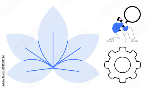Abstract flower with radiating lines, kneeling person holding magnifying glass, and gear. Ideal for innovation, growth, problem-solving, teamwork, analysis, process optimization and mindfulness