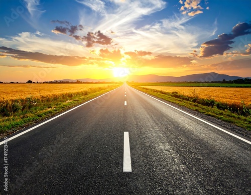 A long, straight road leads toward a vibrant sunset, flanked by fields of golden grain under a dynamic, cloudy sky
