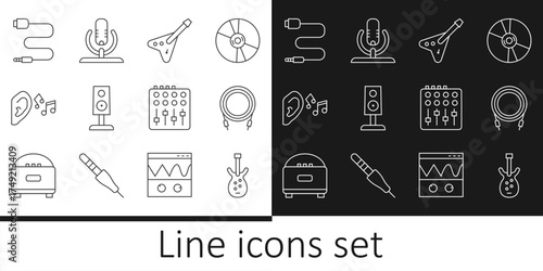 Set line Electric bass guitar, Audio jack, Stereo speaker, Ear listen sound signal, Sound mixer controller and Microphone icon. Vector