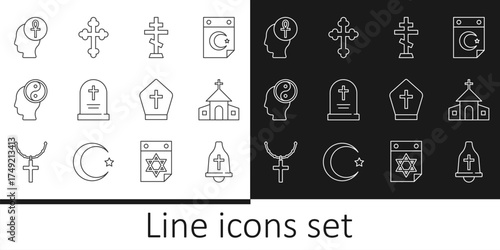 Set line Church bell, building, Christian cross, Tombstone with, Yin Yang, Cross ankh, Pope hat and icon. Vector