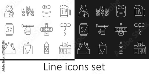 Set line Store building of beer shop, Wine corkscrew, Metal keg, Signboard with glass, Beer can, Happy man, bottle and Wheat icon. Vector