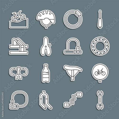 Set line Wrench spanner, Bicycle, wheel tire, brake disc, seat, parking, Mountain bicycle and lock icon. Vector