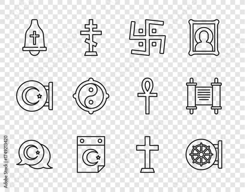 Set line Star and crescent, Dharma wheel, Hindu swastika, Church bell, Yin Yang, Christian cross and Decree, paper, parchment, scroll icon. Vector