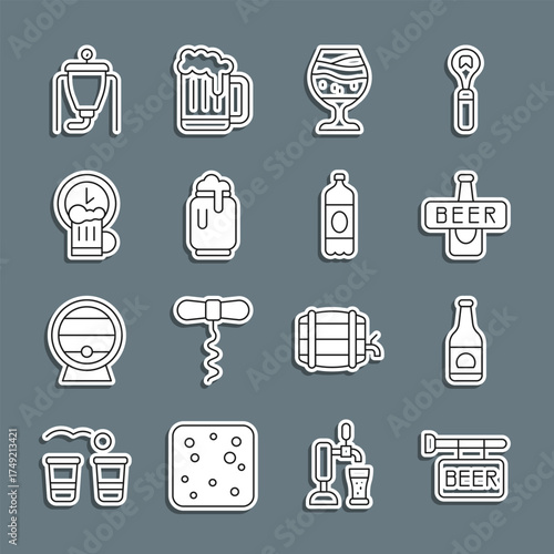 Set line Street signboard with Beer, bottle, Glass of beer, can foam, Happy hour, brewing process and Plastic icon. Vector