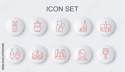 Set line Peineta, Earrings, Sangria, Spanish woman, Windmill, pitcher, Crown of spain and Gate Europe icon. Vector