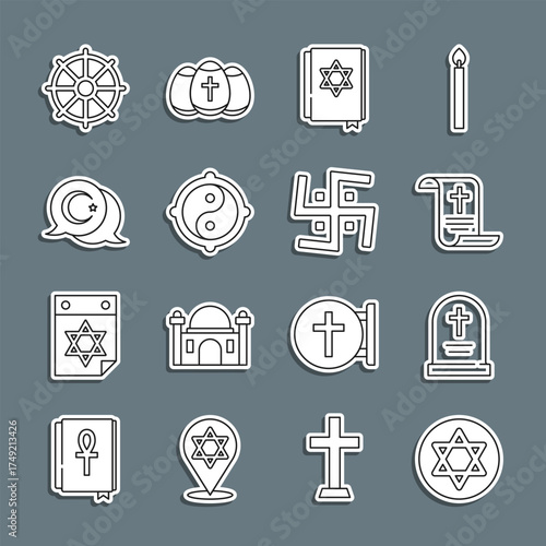 Set line Star of David, Tombstone with cross, Decree, paper, parchment, scroll, Jewish torah book, Yin Yang, and crescent, Dharma wheel and Hindu swastika icon. Vector