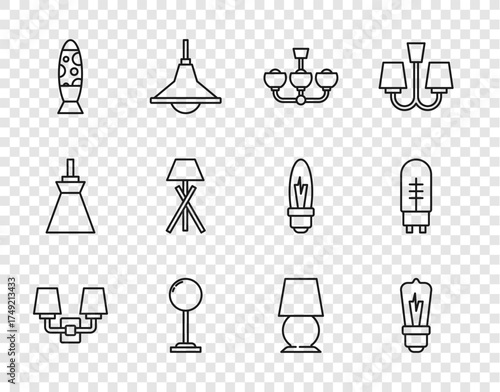 Set line Wall lamp or sconce, Light bulb, Chandelier, Floor, Table and emitting diode icon. Vector
