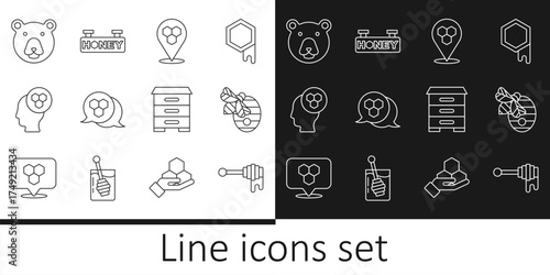 Set line Honey dipper stick with honey, Hive for bees, Honeycomb location, Beekeeper, Bear head, and Hanging sign honeycomb icon. Vector