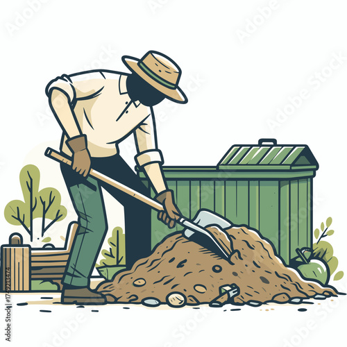 Person with shovel and Compost pile 