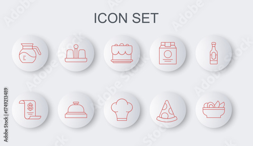 Set line Nachos in plate, Paper or financial check, Cake, Slice of pizza, Coffee pot, Salt and pepper, Hotel service bell and Chef hat icon. Vector