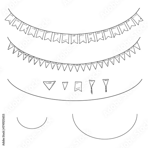 A garland of flags and set for creating a garland, sketch. Vector illustration. Flags, threads of different silhouettes, isolated on white background. Birthday, Christmas, New Year and holidays theme