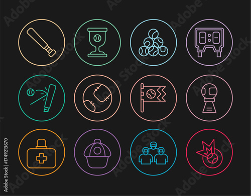 Set line Baseball ball, Award cup with baseball, bat, Flag and icon. Vector