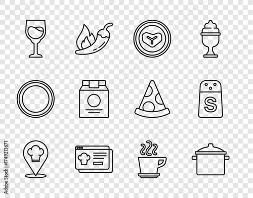 Set line Chef hat with location, Cooking pot, Steak meat plate, Online ordering and delivery, Wine glass, Coffee cup and Salt icon. Vector