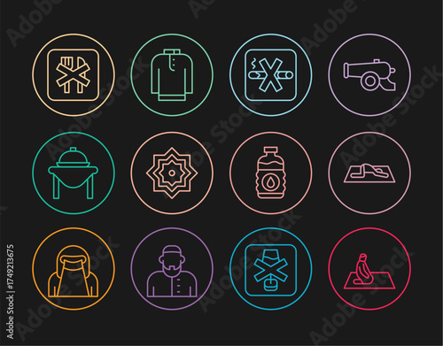 Set line Muslim man prays, No Smoking, Octagonal star, Table food, Ramadan fasting, Bottle of water and Shirt kurta icon. Vector