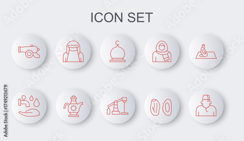 Set line Muslim man, Wudhu, Mosque, Date fruit, Ramadan cannon, woman in niqab, Islamic teapot and Oil pump or pump jack icon. Vector