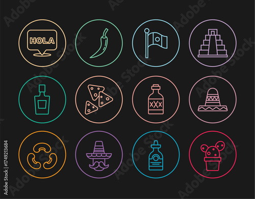 Set line Cactus or succulent in pot, Mexican sombrero, Mexico flag, Nachos, Tequila bottle, Hola, and Hot chili pepper pod icon. Vector