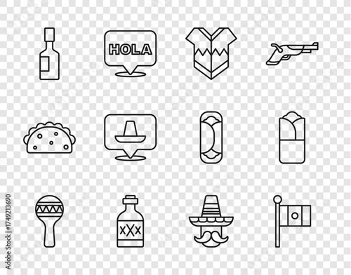 Set line Maracas, Mexico flag, Poncho, Tequila bottle, Tabasco sauce, Mexican sombrero, man and Burrito icon. Vector