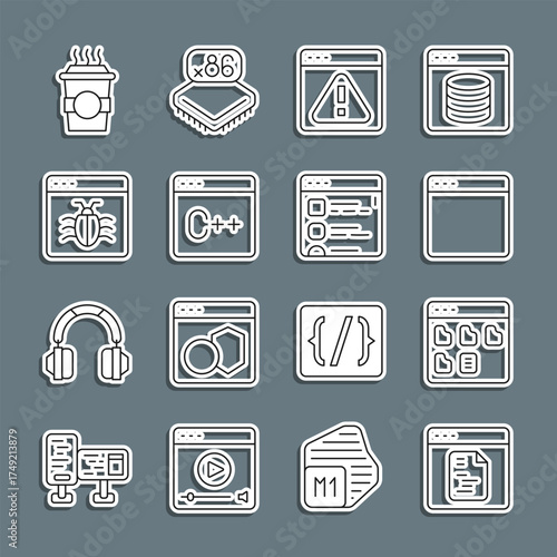 Set line Software, Browser files, window, with exclamation mark, System bug, Coffee cup to go and icon. Vector