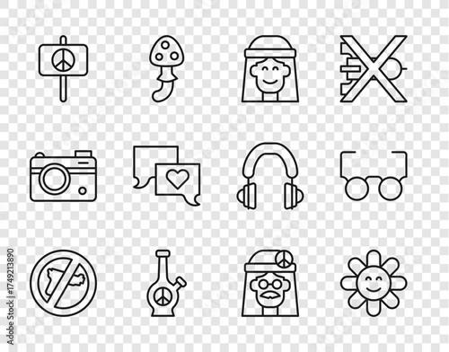 Set line No war, Flower, Hippie girl, Bong, Peace, Speech bubble chat, and Glasses icon. Vector
