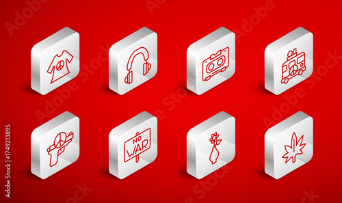 Set line Marijuana, Headphones, Retro audio cassette tape, Hippie camper van, Flower in vase, Peace dress print stamp, No war and icon. Vector