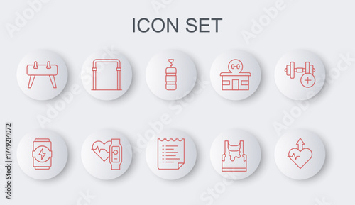 Set line Heartbeat increase, Energy drink, Punching bag, Sweaty sleeveless t-shirt, Pommel horse, Sport horizontal bar, Smart watch with heart and training program icon. Vector
