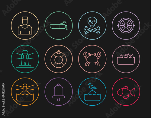 Set line Fish, Sharp stone reefs, Skull crossbones, Lifebuoy, Lighthouse, Sailor captain, Crab and Inflatable boat with motor icon. Vector