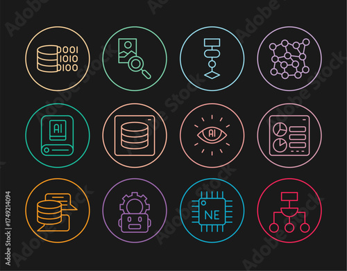 Set line Algorithm, Computer api interface, Server, Data, Artificial intelligence AI, Binary code, and Photo retouching icon. Vector