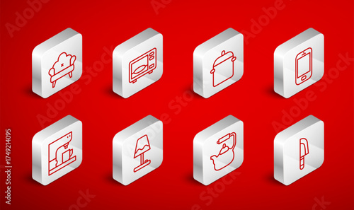 Set line Knife, Microwave oven, Cooking pot, Mobile phone, Kettle with handle, Sofa, Table lamp and Coffee machine icon. Vector